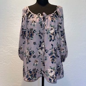 RUE+ PURPLE FLORAL, 3/4 SLEEVE, COLD SHOULDER BLOUSE 2X